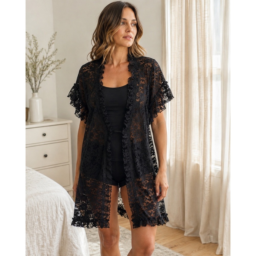 In Bloom by Jonquil Black Floral Lace Sheer Ruffle Robe LCU030 Medium